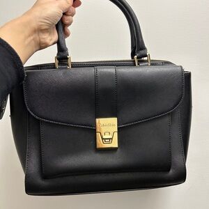 Calvin Klein Black and Gold Satchel with Structured Design